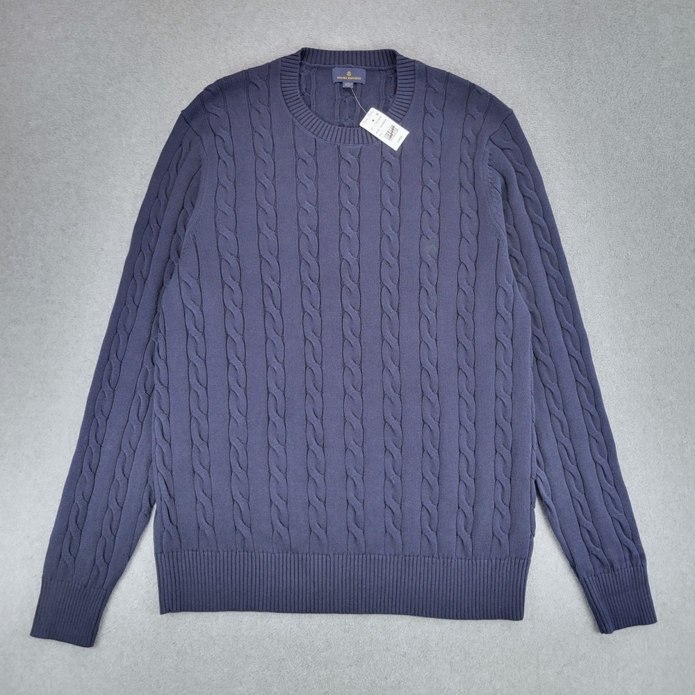 Brooks Brothers Cable Knit Sweater Mens Large Navy Blue Cotton Crew Neck
